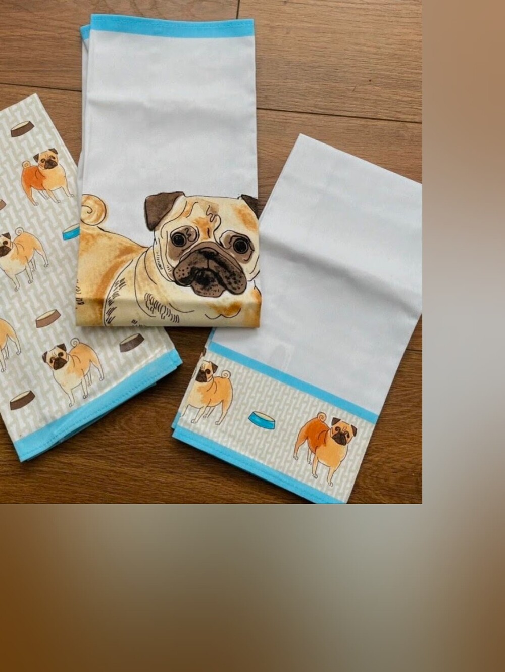 SWEET MILLY GREEN LONDON PUGS 3 PC KITCHEN TEA TOWELS NWT 100% COTTON DOG DOGS